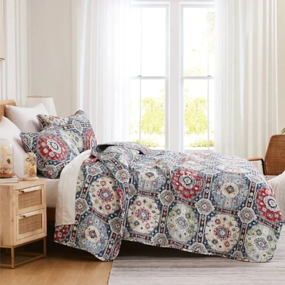 Boho Batik Style Bohemian Print Muted Block Oversized Queen Quilt Set
